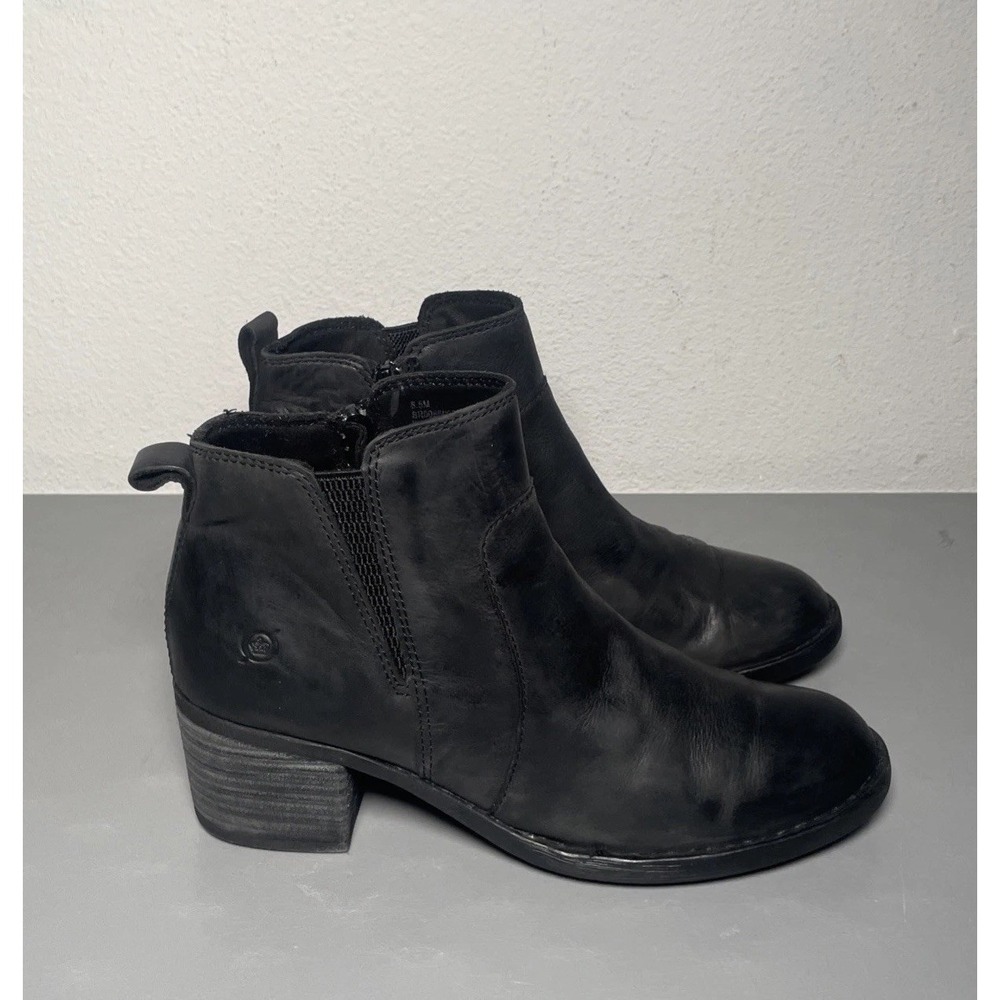 Born Shoes Black Leather Zip Ankle Boots Women Size 8.5M Heel Comfort Booties